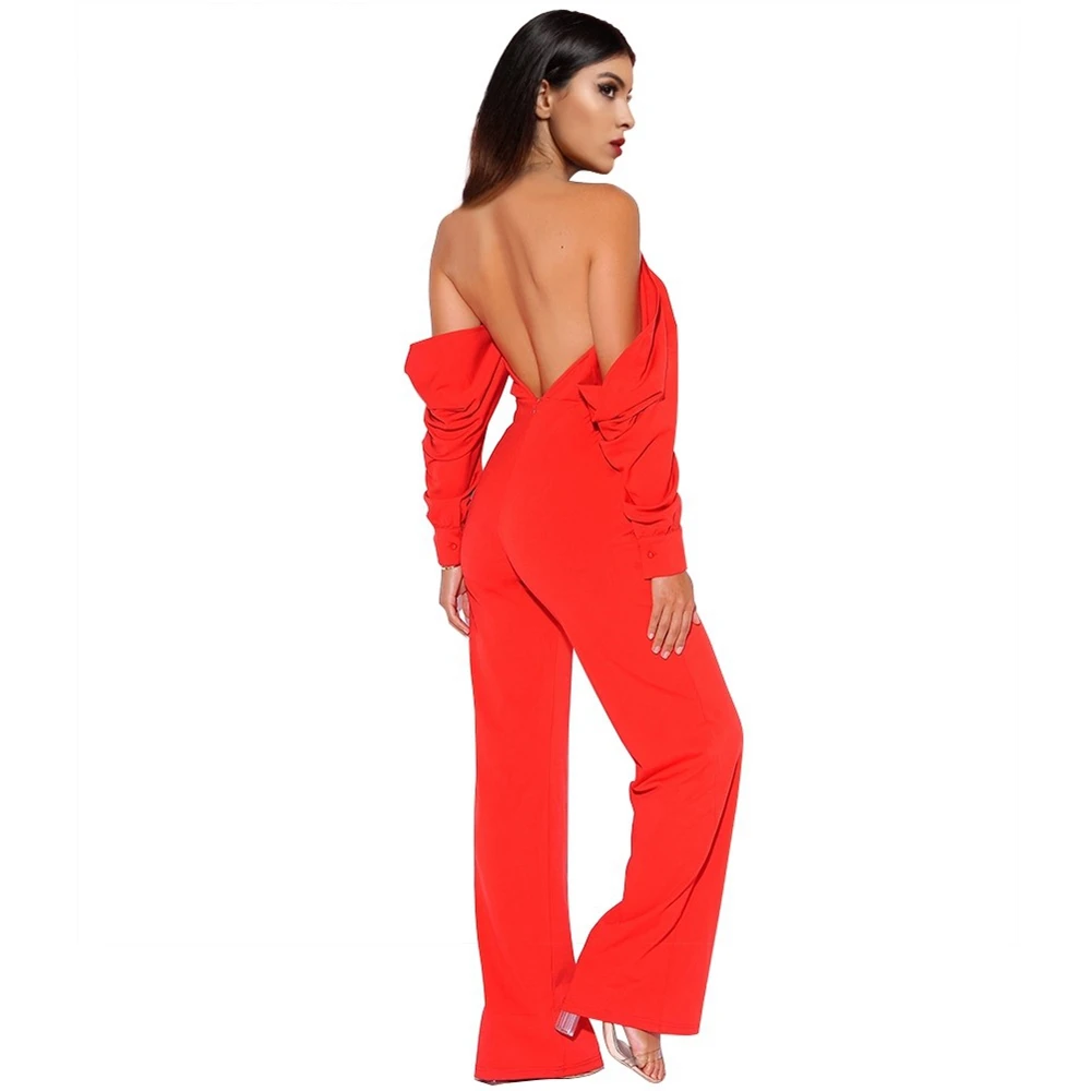 Красный Холтер с длинным рукавом Макси спинки Bodycon Комбинезоны HI1081-Red