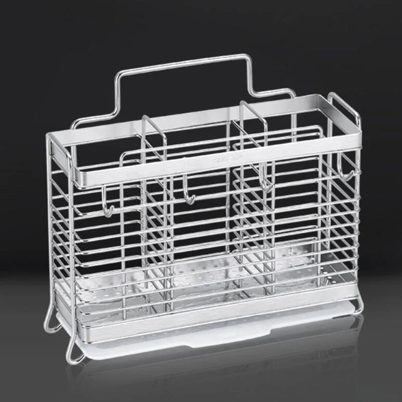 304 Stainless Steel Chopsticks Spoon Fork Cutlery Drying Rack Draining Water Tray Kitchen Shelf Stand Holder Tool 4 Hanging Hook