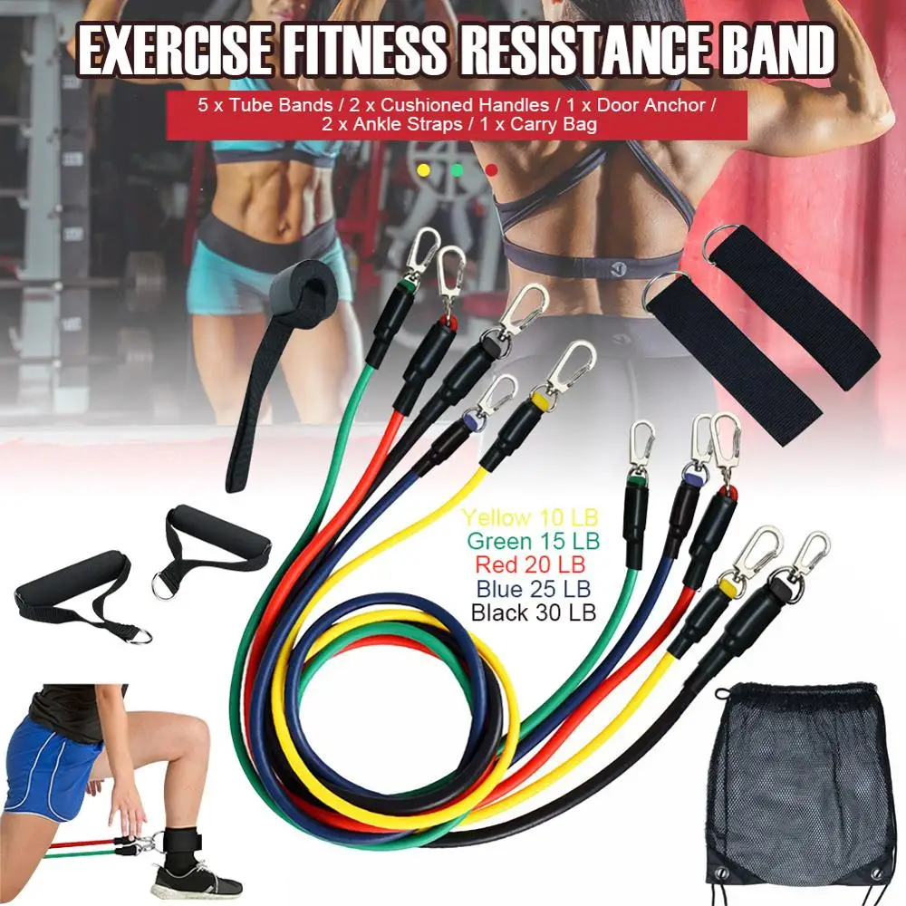 

11PCS Resistance Bands Tube Set Stretch Training Rubber Expander Tubes Pilates Fitness 4 Tubes Latex Foot Elastic Pull Rope