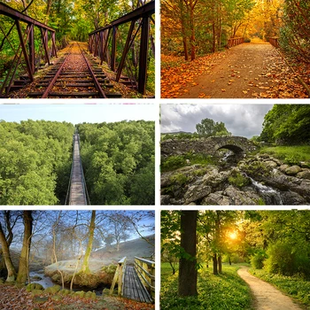 

Nitree Railway Fallen Leaves Wood Bridge Sunset Forest Grassland Backdrop Photo Studio Props Photography Background Vinyl