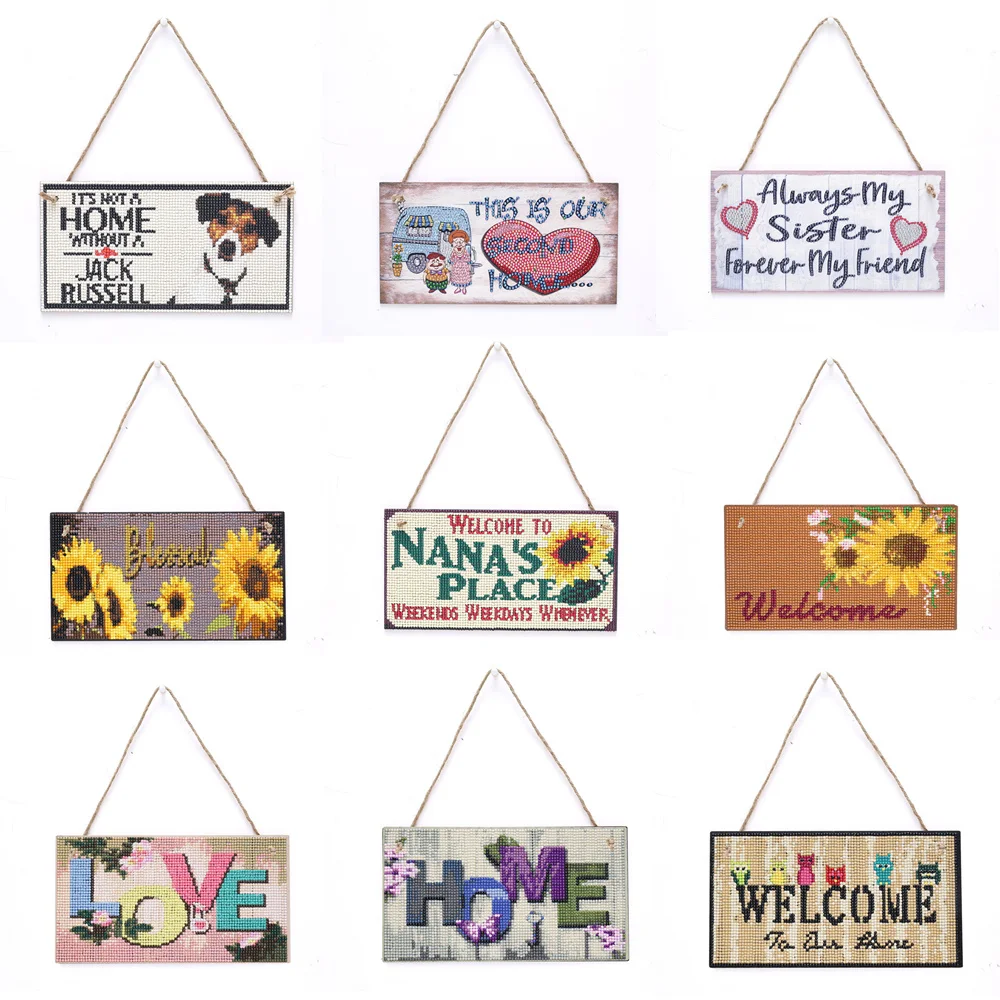 

DIY Diamond Painting Wooden Hanging Signs Animal Text Rhinestone House Number Flower Diamond Art Doorplate For Door Decoration