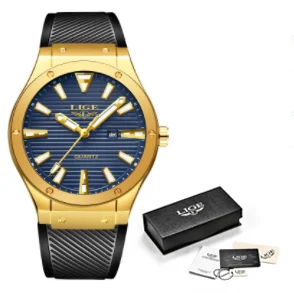 Gold blue LIGE мужские часы с силиконовым ремешком, мужские военные спортивные часы, мужские водонепроницаемые часы из нержавеющей стали, золотые кварцевые часы, мужские часы - Цвет: Gold blue