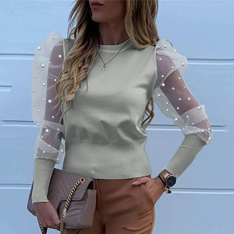 Женская блузка с вышивкой и рукавами-фонариками из прозрачной сетки, Женская Осенняя блуза с принтом в горошек, элегантные прозрачные топы - Цвет: 01 pearl Gray