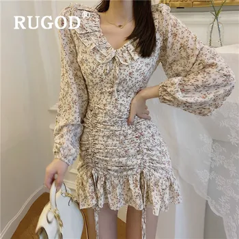 

RUGOD Floral Bodycon Pleated Mini Dress Boho Chic Korean Style Collect Waist Drawstring Ruffle Collar Autumn Dress Women