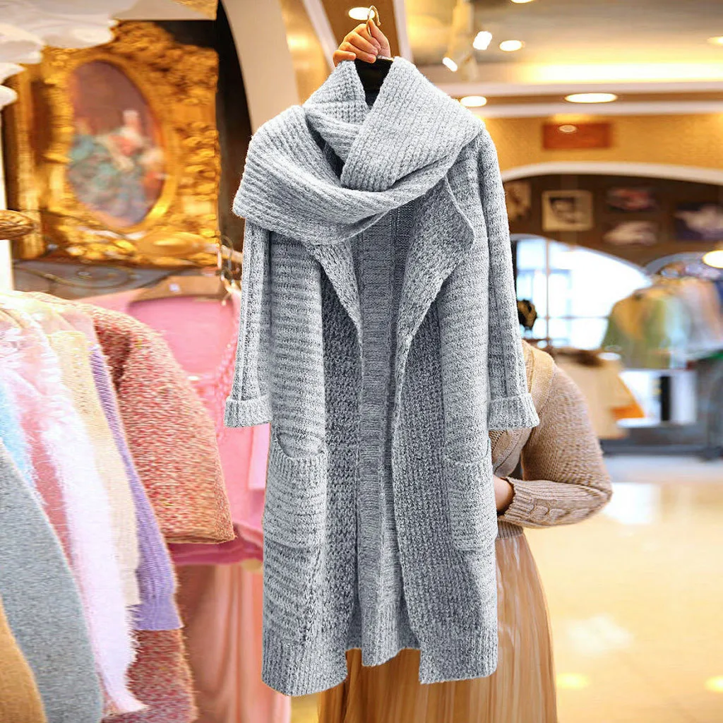 New Fashion Knitted Sweater Cardigan for Women Winter Warm Ladies Scarf Collar Pockets Long Coats Outwear chaqueta mujer z1105 - Цвет: Серый