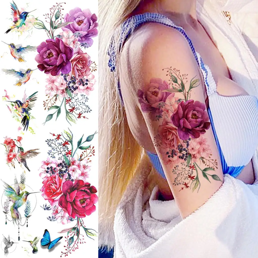 

3D Watercolor Rose Peony Flower Temporary Tattoos For Women Adult Hummingbird Realistic Fake Tattoo Sexy Half Sleeve Tatoo Decal