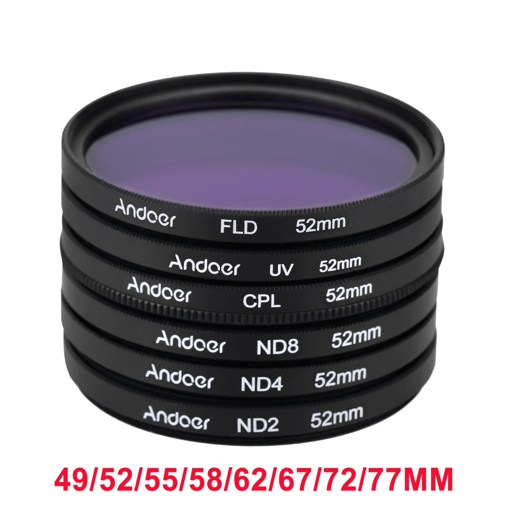 Andoer UV+CPL+FLD+ND(ND2 ND4 ND8) Photography Filter Kit Set for Nikon Canon Sony Pentax DSLRs 52mm/49/55/58mm/62/67/72/77mm