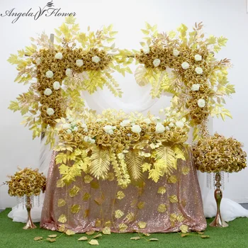 

Custom Golden Silver Arch Flower Row Table Centerpiece Artificial Flower Ball Wedding Props Decor Backdrop Rose Vine Maple Leaf