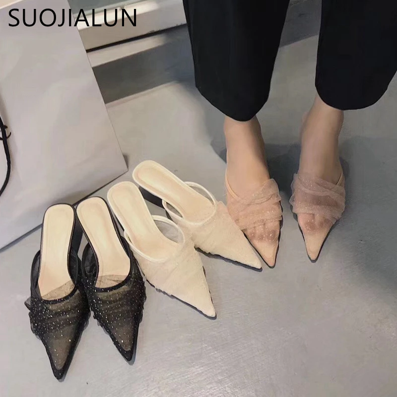 

SUOJIALUN Women Mules Sandal Fashion Dot Mesh Slippers Pointed Toe Women Thin Low Heeled Slides Slip On Casual Summer Slippers