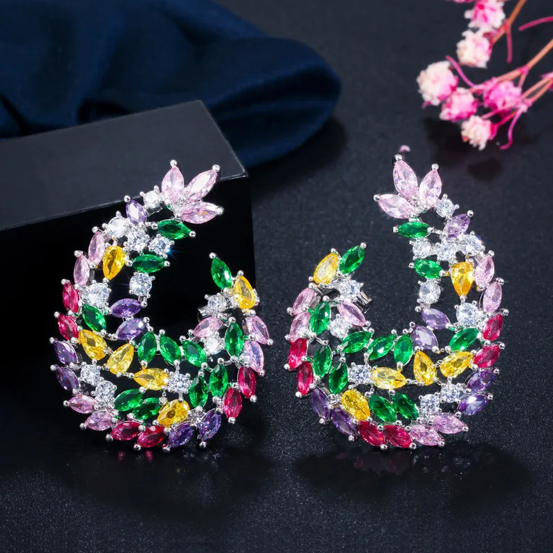 CWWZircons Full Multicolor Cubic Zircon CZ Trendy Elegant Big Flower Drop Earrings for Women Fashion Wedding Prom Jewelry CZ637
