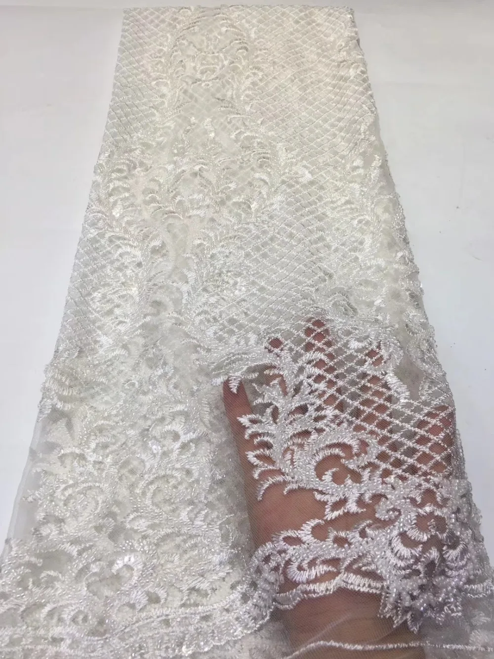 Белая вышитая Тяжелая кружевная ткань ручной работы из бисера, Высококачественная африканская кружевная ткань с пайетками и французским тюлем для леди