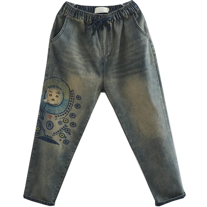 kz192 OMIKRON Women Vintage Loose Casual Patchwork Embroidered Cotton Denim Jeans Harem Pants Casual Ladies Elastic Waist Trousers - Цвет: kz192