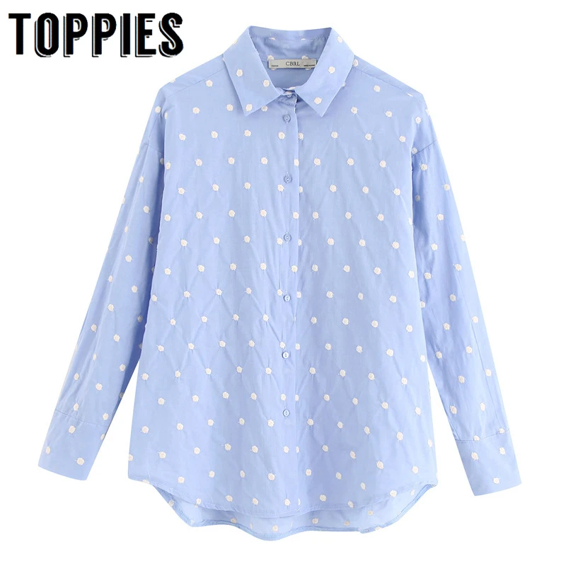 

Embroidery Shirt Women Long Sleeve Polka Dot Shirts Fall 2019 Blue Tops Casual Streetwear