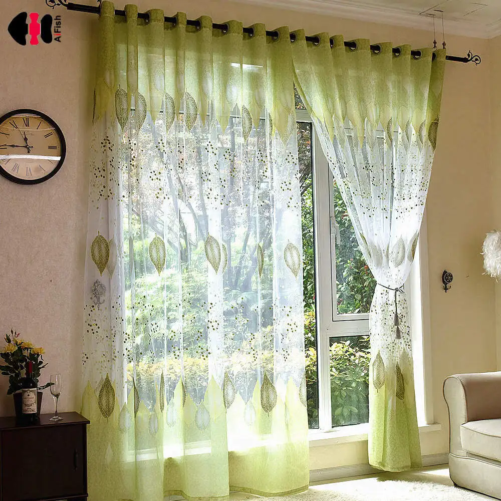 Green Leaves Printed Voile Curtain for Bedroom Countryside Pastoral Sheer Balcony Window Drapes JS58C
