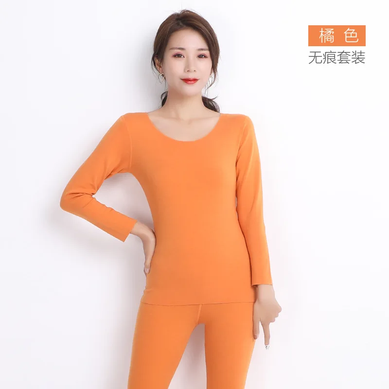 Плюс Вельветовая бесшовная футболка с длинными рукавами+ штаны, комплект термобелья из 2 предметов, женское утепленное плотное зимнее тонкое нижнее белье, костюмы - Цвет: Orange