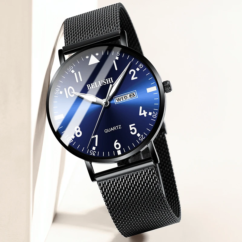 

New Top Brand Men Watches Men's Full Steel Mesh Band Waterproof Casual Quartz Week Date Clock Male Wrist Watch Relogio Masculino