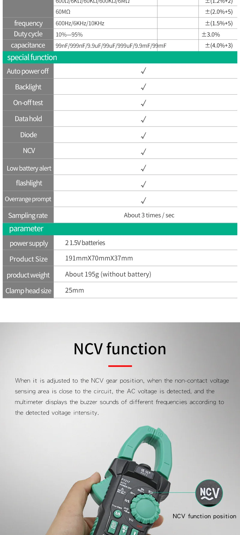 Амперметр ACV/DCV ACA Автоматический диапазон измерения частоты емкости NCV Высокоточный цифровой клещи