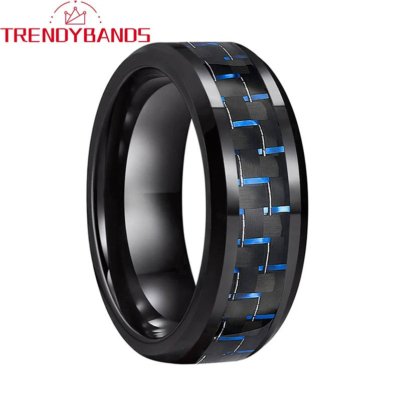 Black Tungsten Ring for Men Women Beveled Edges Blue Carbon Fiber Inlay Polished Finish 8mm Comfort Fit