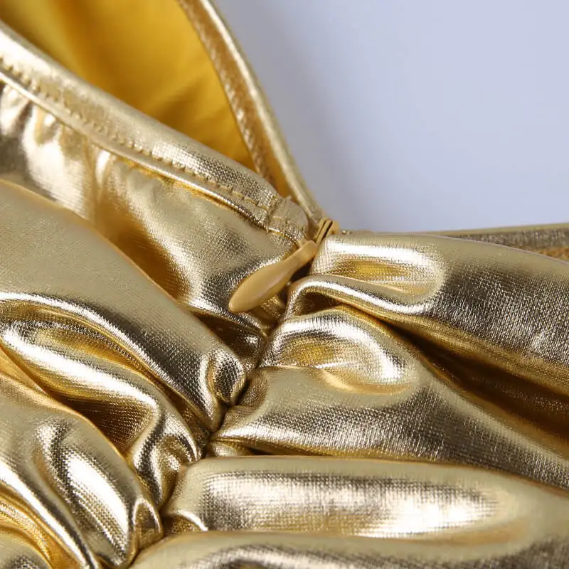 BKLD модное Золотое блестящее металлическое миди платье Новое поступление женские без бретелек сексуальные с открытой спиной облегающие вечерние платья с рюшами