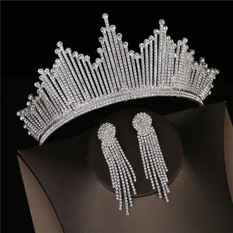Baroque Luxury Silver Color Crystal Bridal Tiaras Crown With Earrings Rhinestone Pageant Diadem Wedding Hair Accessories Bijoux jewelry accessories jewelry set hair accessory hair headdress bridal headwear hair band crown