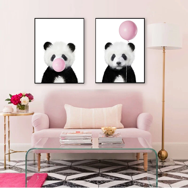 Cute Pink Balloon Baby Shower Gift Canvas Painting Baby Panda Print Animal With Bubble Gum Poster Nursery Wall Art Picture Decor
