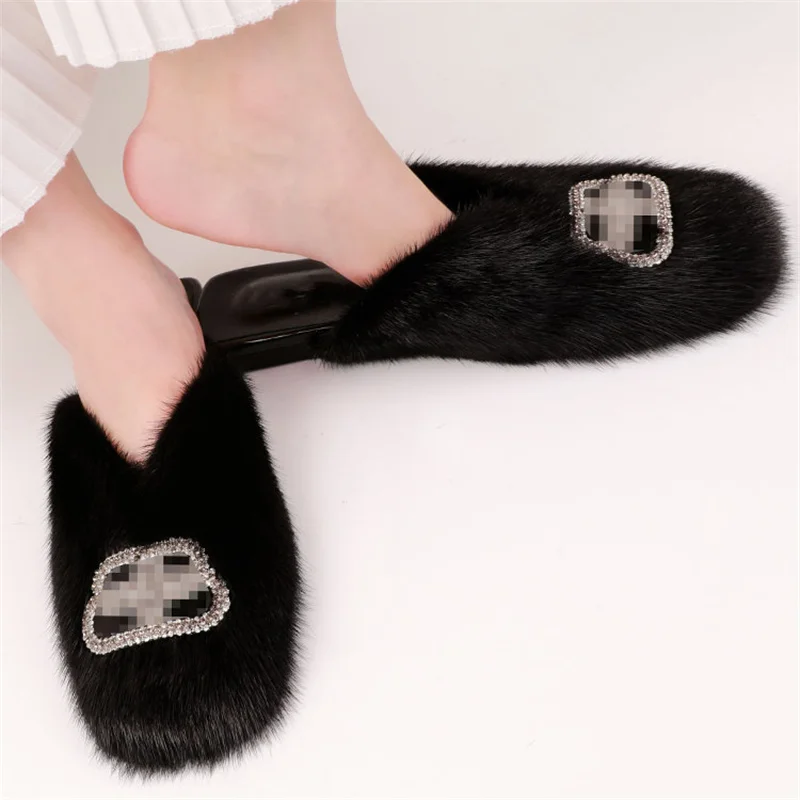Mink Slippers 2021 New Women's Outdoor Leather Straw Toe All-Match Comfortable Flat Shoes Women | Обувь