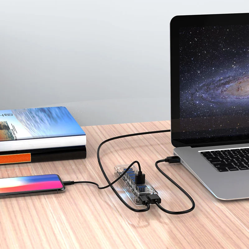7-портовый прозрачный Рабочий стол Hub USB3.0 жесткий диск для ноутбука преобразователя One Drag Four расширитель WIF66