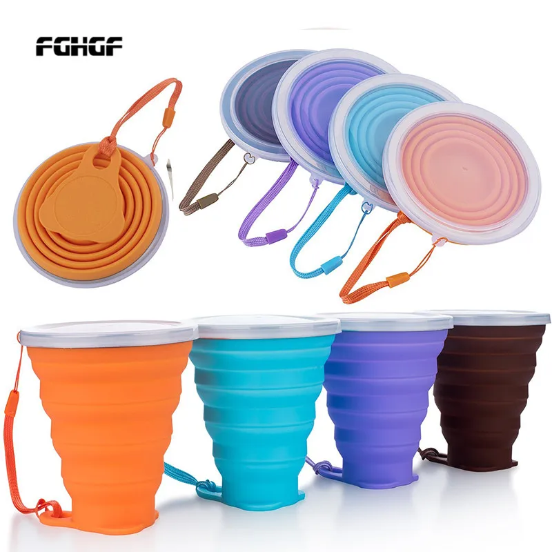 

Hot Sale 270ml Stainless Steel Silicone Folding Cup With Lanyard Dustproof Cover Lid Outdoor Coffee Cups Retractable Travel Copa