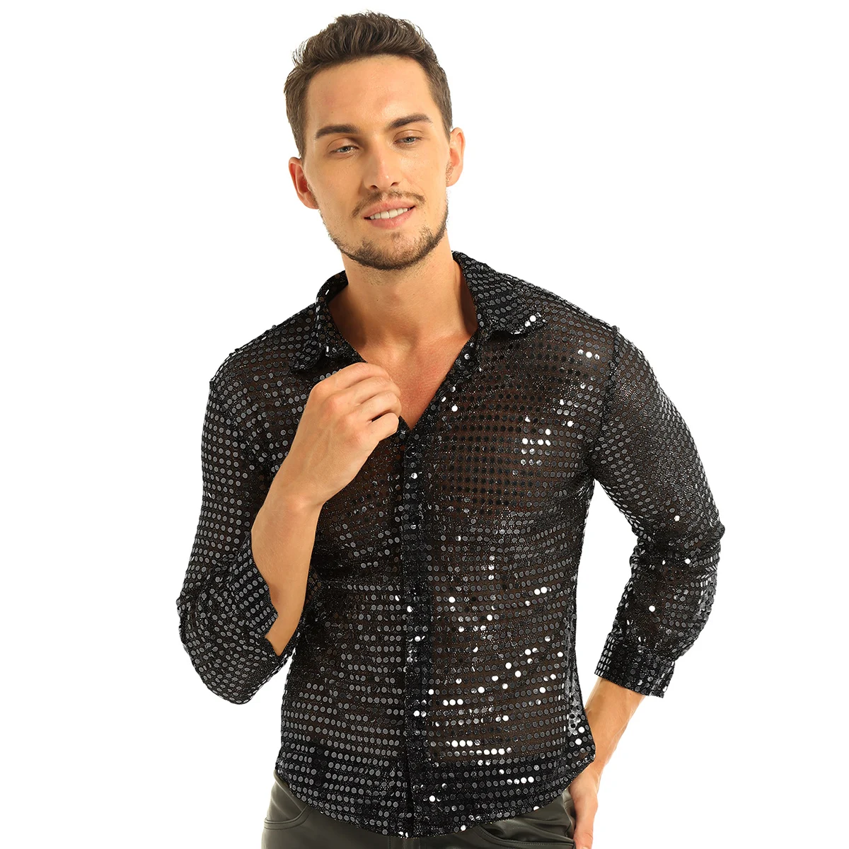 Mens Shiny Sequins Shirt Prom Tops Fashion See Through Mesh Long Sleeve Slim Fit Clubwear Disco Dance Performance Top Shirt