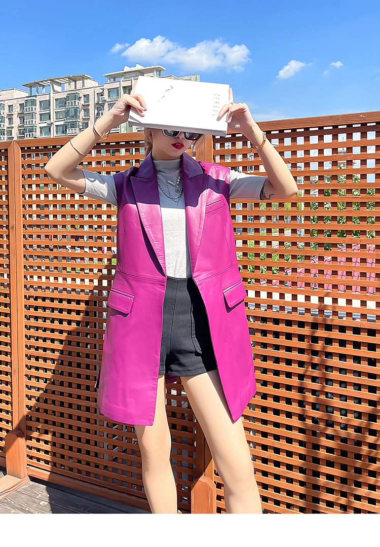 Spring Autumn Korean Style Women's Sheepskin Belt Waistcoat High Quality Genuine Leater Vests Top C668