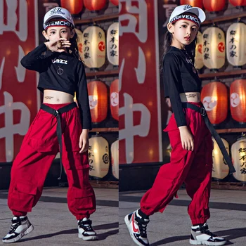 

Girls Hiphop Suit Children Modern Street Dance Costumes Kids Jazz Clothes Long Sleeve Black Shirt Red Pants Rave Outfit VO133