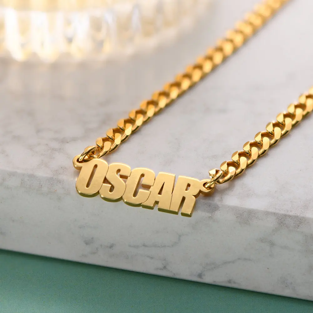 Gold Color 5MM Cuban Chain Customized Name Necklaces Pendant Handmade Jewelry Stainless Steel Women Men Nameplate Charm Necklace