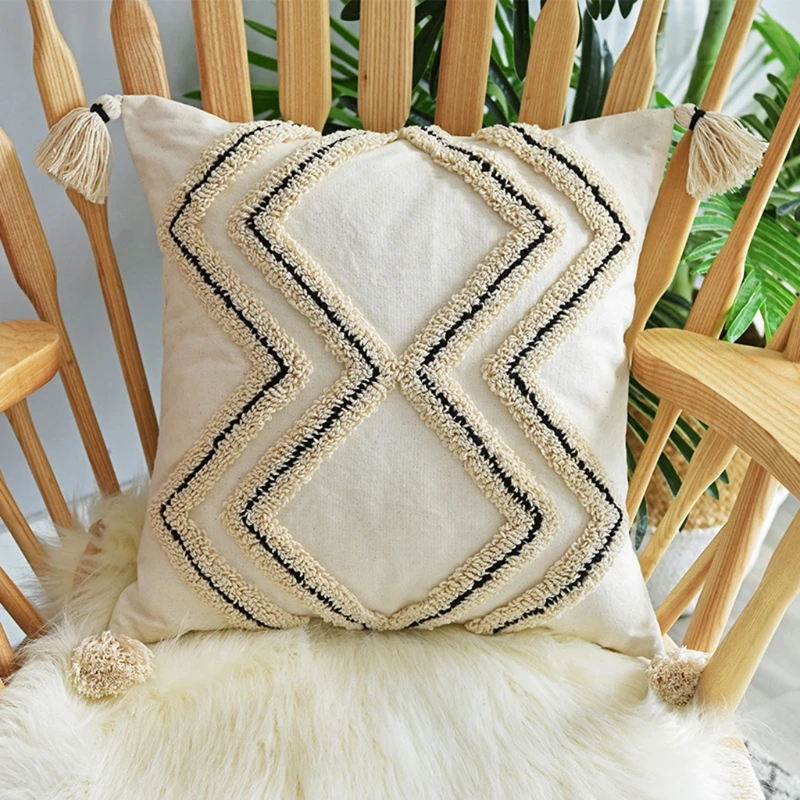 Nordic Stil Boho Werfen Kissen Fall Woven Tufted Geometrische Striped Baumwolle Kissen Abdeckung Shell mit Quaste für Couch Sofa