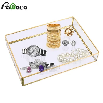 

3 Size Metal Glass Storage Box Gold Jewelry Showcase Clear Tray Cosmetics Display Boxes Decorative Storage Tray Home Organizer