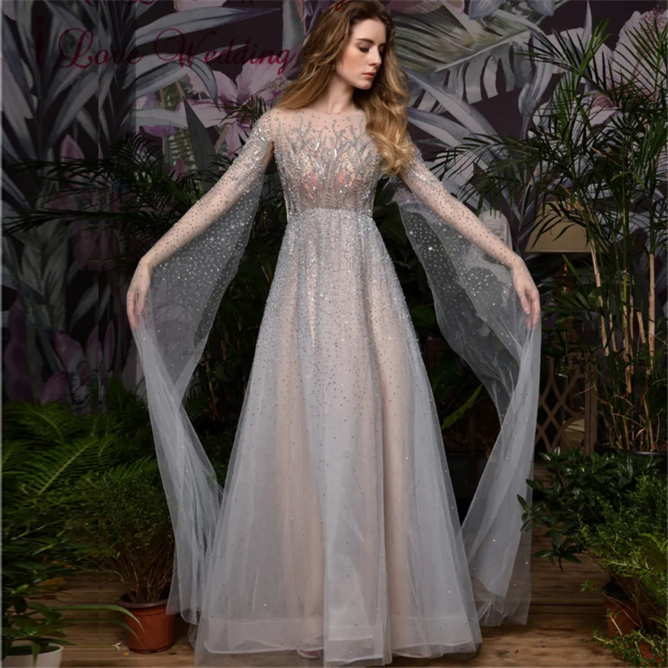same as photo Robe De Soiree роскошное серебряное вечернее платье с длинными рукавами и круглым вырезом, тяжелое вышитое бисером Тюлевое вечернее платье - Цвет: same as photo