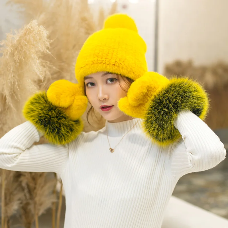 Women's Warm and Lovely Real Mink Fur Gloves, Hand Knitted, Full Finger Gloves, Fox Fur Mittens, Double Face Fur, Winter