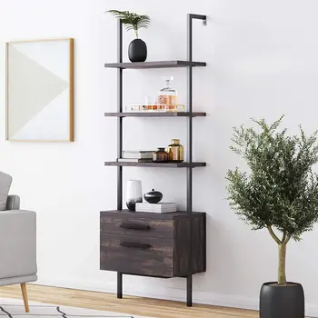 

Industrial 5 Bookshelf with Wood Drawers and Matte Steel Frame design will match any home office living room or bedroom.