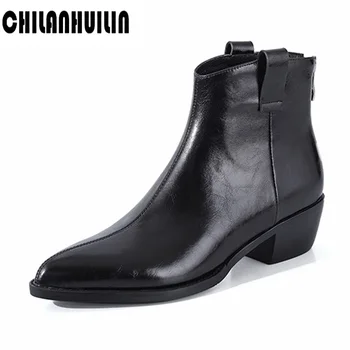 

brand shoes New 2020 black square heels cowgirl boots woman zipper ankle boots for women spring autumn soft leather shoes woman