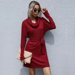 Minivestido de punto de Color puro para mujer, vestido elegante de manga larga para primavera y otoño, informal, 2022