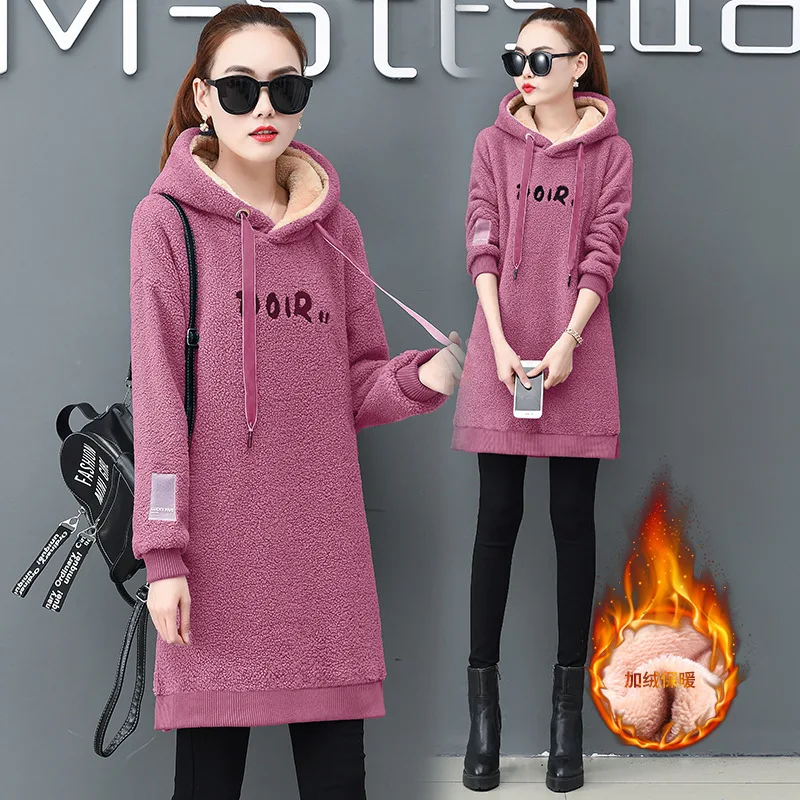 

2019 Autumn And Winter New Style Fashion Korean-style WOMEN'S Coat Mid-length Hooded Lambs Furry Brushed And Thick Hoodie Women'