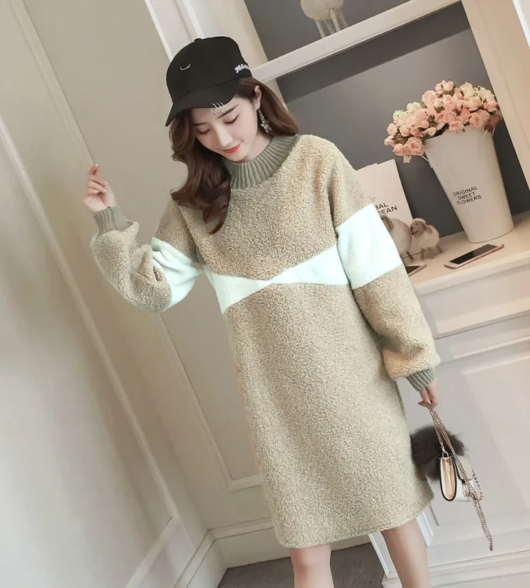 Beige Плотные теплые платья для беременных и грудного вскармливания, модное платье с длинными рукавами для беременных, зимняя одежда для беременных женщин - Цвет: Beige