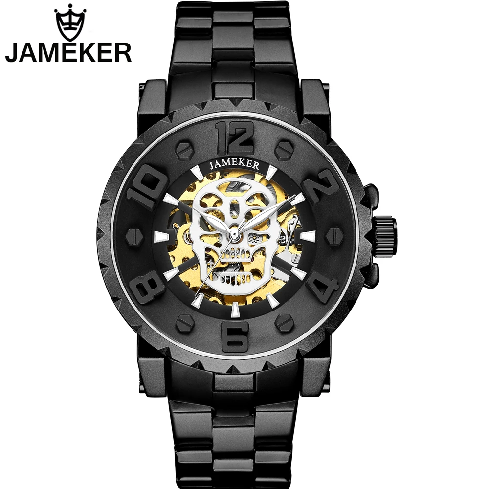 JAMEKER Skeleton Watches Men Luxury Top Brand Stainless Steel Transparent Automatic Mechanical Wristwatches Mens Gift with Box