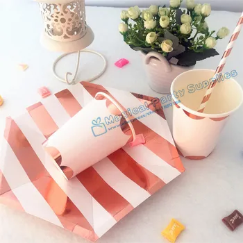 

8 Sets Rose Gold Striped Tableware Set Paper Plates Cups and Straws Girls/Boys Baby Shower Birthday Favor Party Supplies Decor