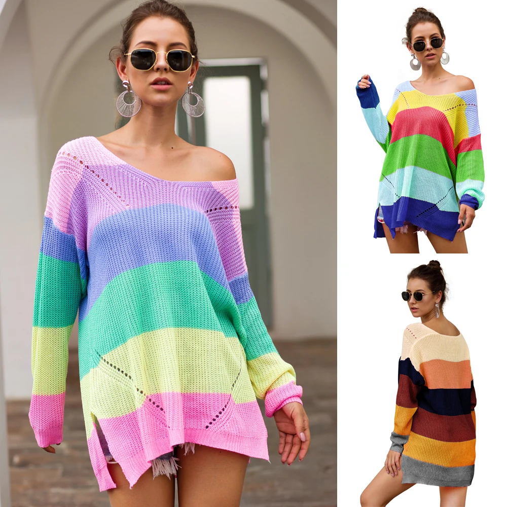 

2020 Spring Autumn Women's Sweater Striped Rainbow Knitted Pullovers V-Neck Casual Comfortable Jumper For Winter Women Clothing