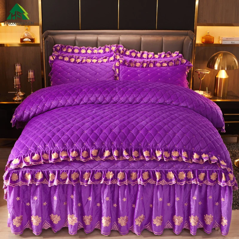 

Charming Purple Bedding Set Magic Velvet Flannel Fleece Four Leaf Clover Warm Winter Thickening Bed Skirt Pillowcase Duvet Cover