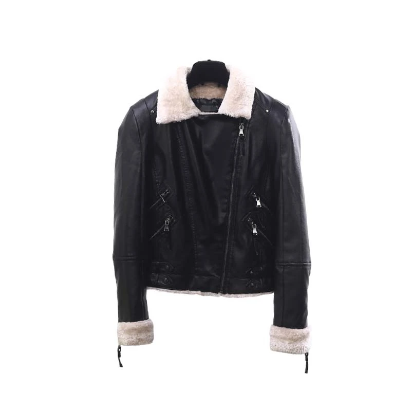 Женская укороченная куртка из искусственной кожи Черная байкерская с подкладкой