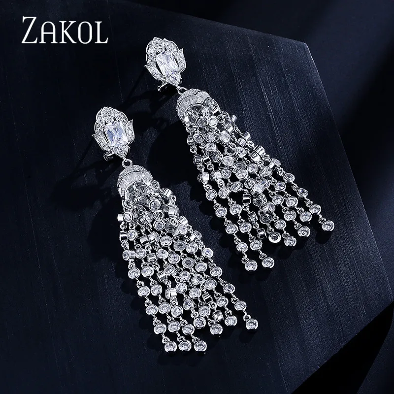 Элегантные длинные висячие серьги ZAKOL для свадебной вечеринки, высококачественные прозрачные Винтажные серьги-кисточки с кубическим цирконием FSEP522