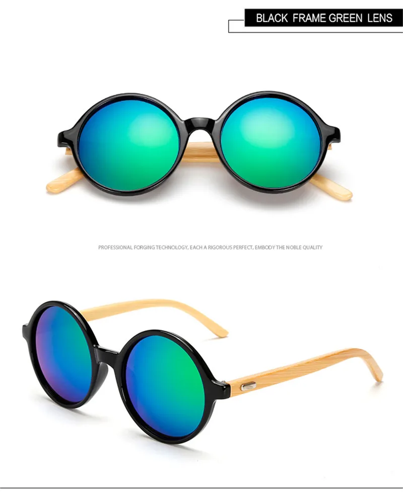 Модные бамбуковые солнцезащитные очки для мужчин и женщин, круглые солнцезащитные очки для женщин, винтажные очки с деревянным зеркальным покрытием, UV400 Oculos de Sol - Цвет линз: Black Green