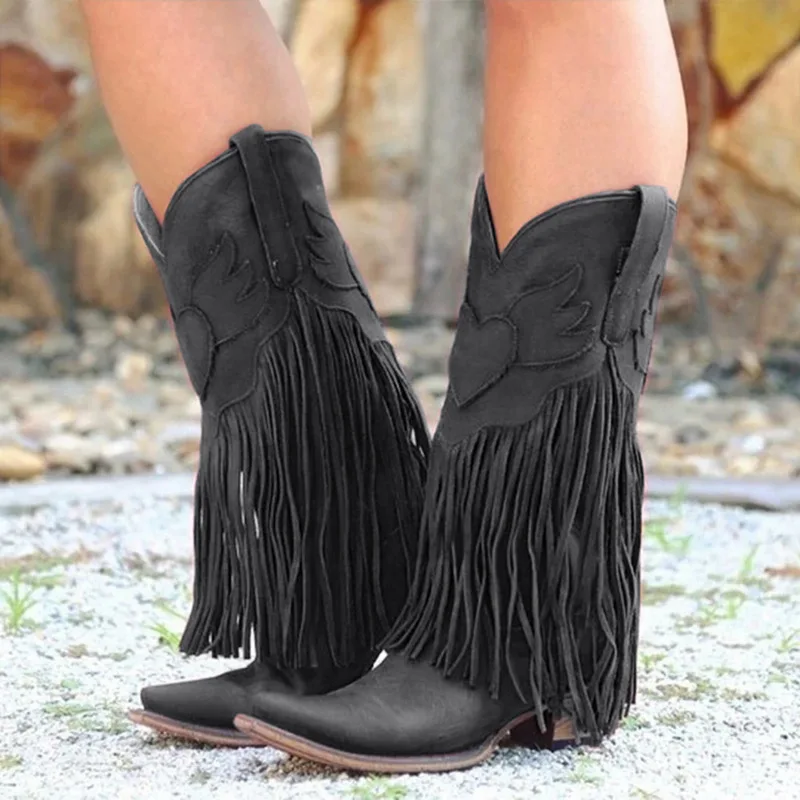 Женские ботинки в стиле ретро; классические ковбойские ботинки с бахромой; осенние женские ботинки на высоком каблуке; пикантные женские черные туфли-лодочки на платформе; обувь