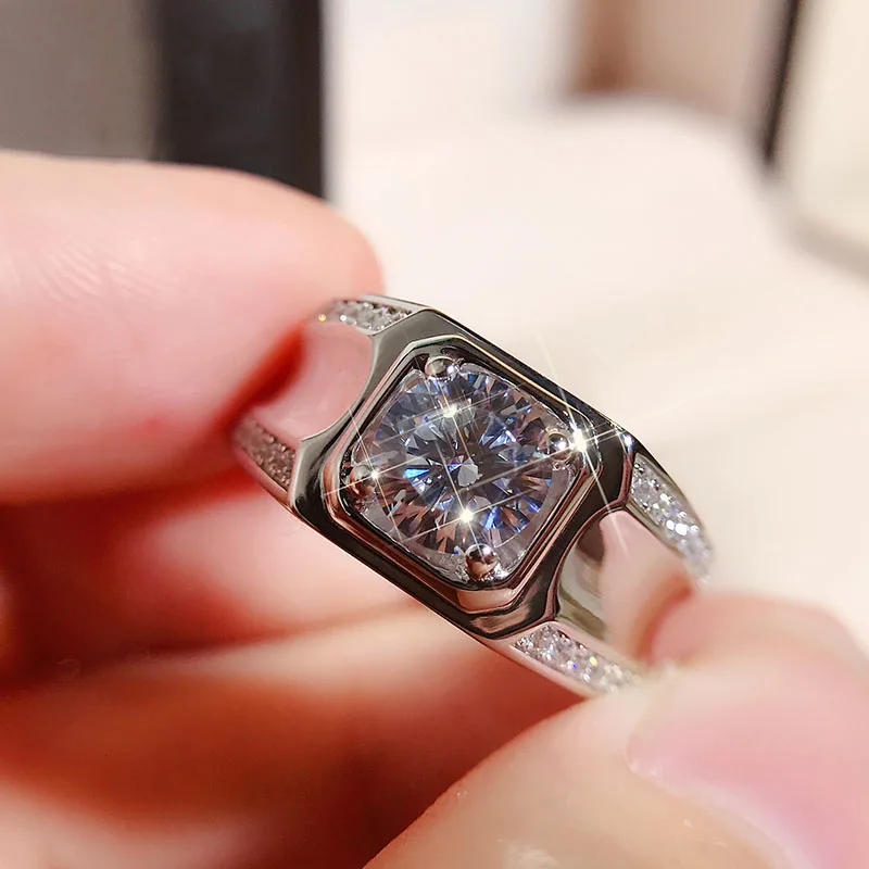 Трендовое мужское кольцо из белого золота 9 к 1 карат D Цвет Moissanite для помолвки